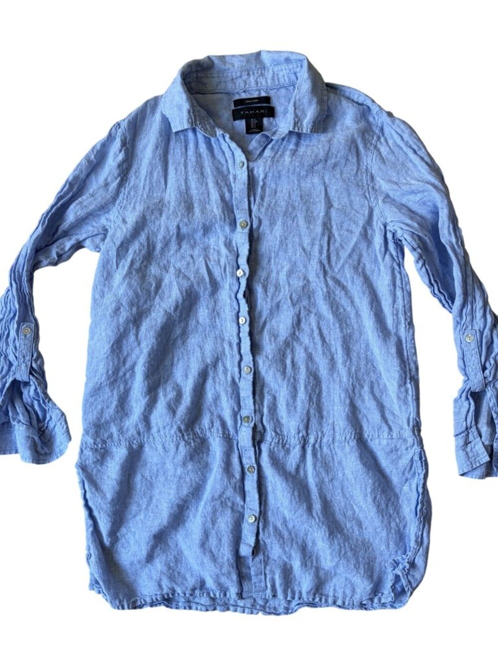 Tahari Linen Tunic Top Womens S Blue Roll Tab Sleeve Minimalist Effortless Chic